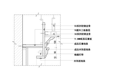 墙面木饰面加木线条与顶面乳胶漆节点图二