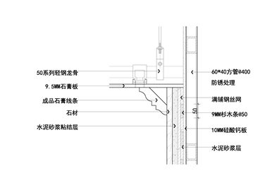 墙面石材加石膏线与顶面乳胶漆节点图