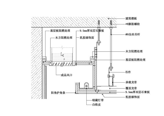 石膏板吊顶节点图(靠墙风口带灯槽造型)