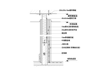 钢结构墙体挂网抹灰贴石材做法竖向节点图