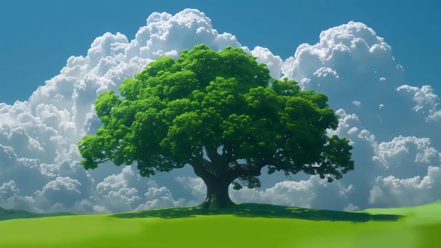 一棵树 绿草地 蓝天白云风景桌面壁纸