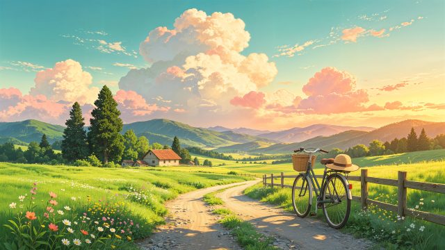唯美好看 夕阳 田园 С· 自行车2K高清风景壁纸