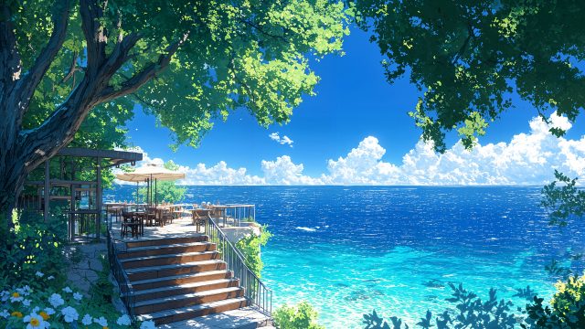 夏天海边绿荫风景2K超清壁纸