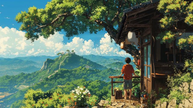 山居夏望 小房子 男孩 风景桌面壁纸