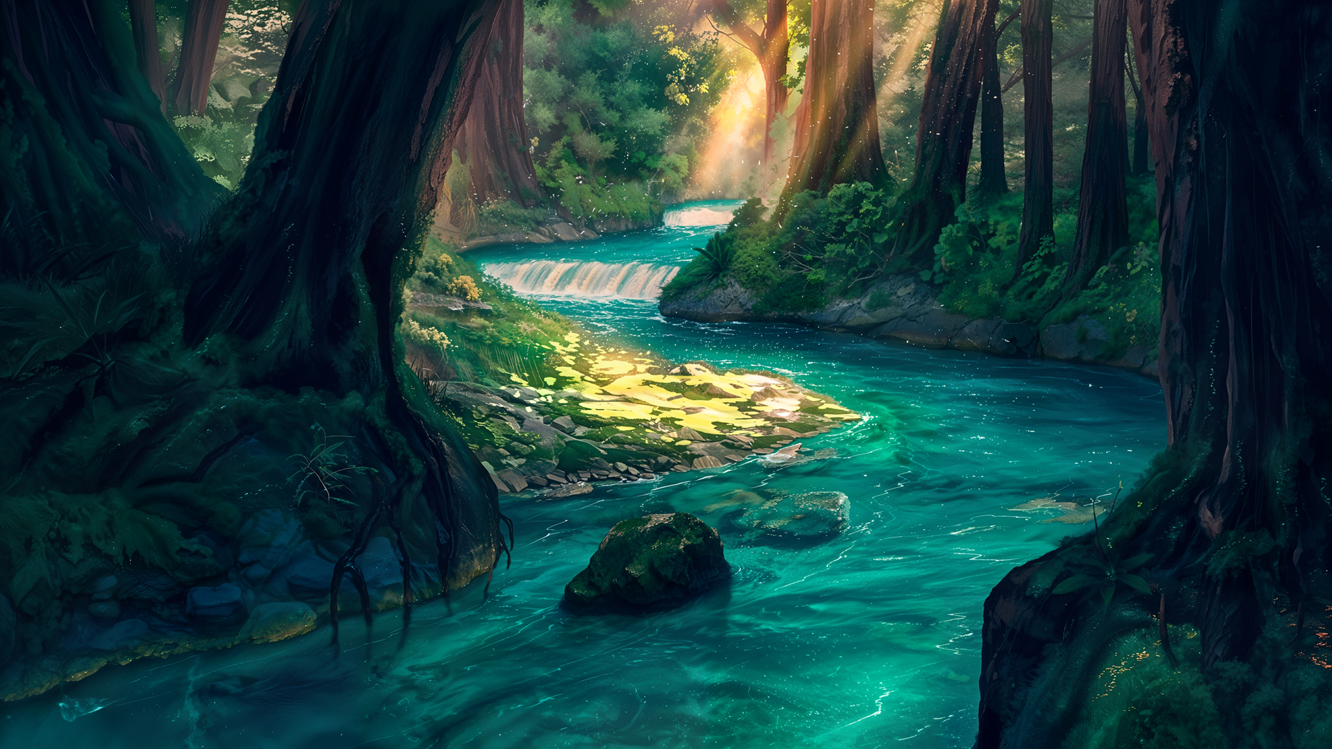 森林大树 溪流 阳光 草地 绘画风景2.5K高清壁纸