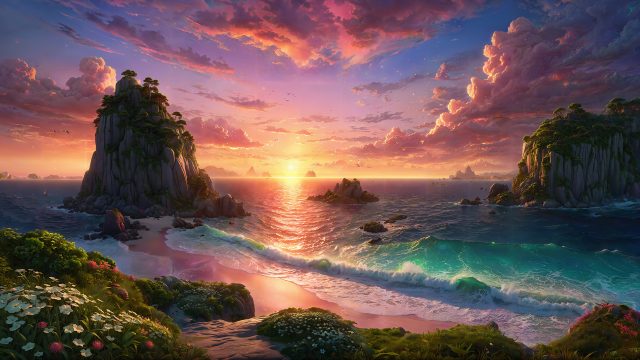 海边日落 天空 云 鲜花 海浪 唯美风景桌面壁纸