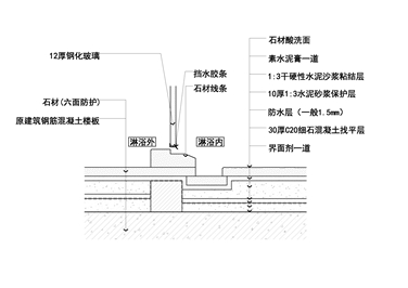 淋浴房地面石材玻璃地坎剖面节点图二