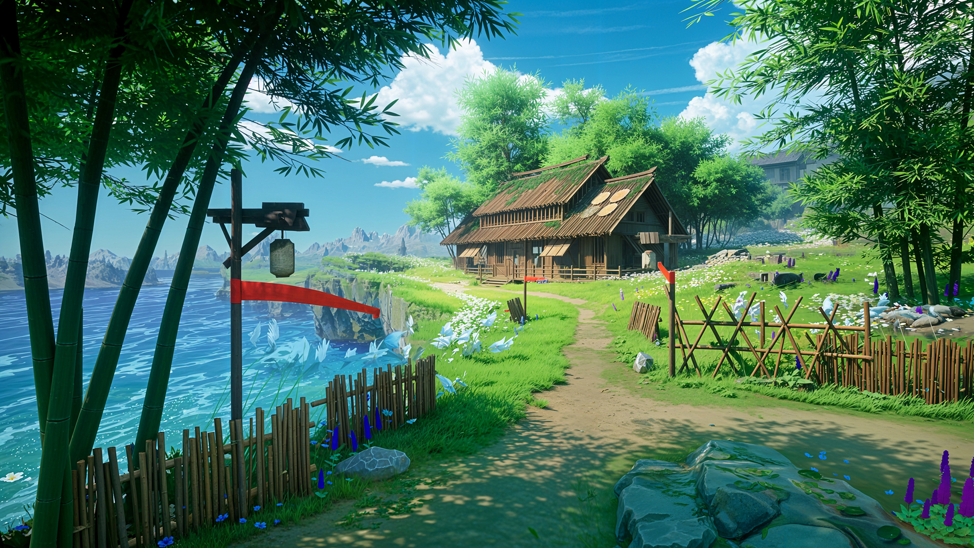 湖边竹屋风景2K超清电脑壁纸