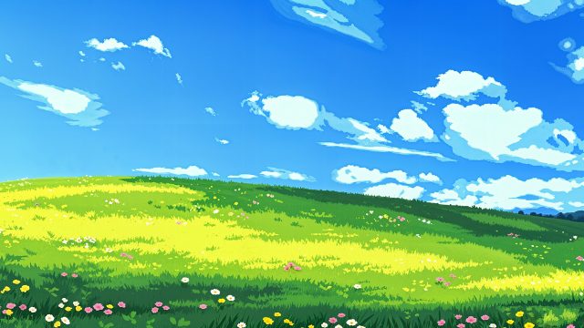 蓝天白云 花 草 天空 山丘 绘画风景高清2K桌面壁纸