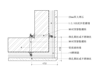 轻质砖墙石材点挂阳角倒45度节点图