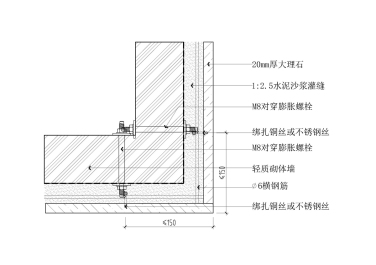 轻质砖墙石材点挂阳角密拼做法节点图