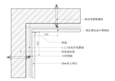 轻质砖墙石材点挂阴角做法留缝节点图
