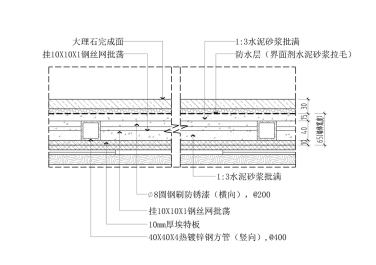 钢结构墙体墙面挂石材及木饰面墙面横剖面图二