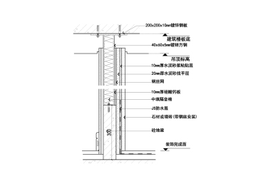 钢结构墙体挂网抹灰贴石材做法竖向节点图